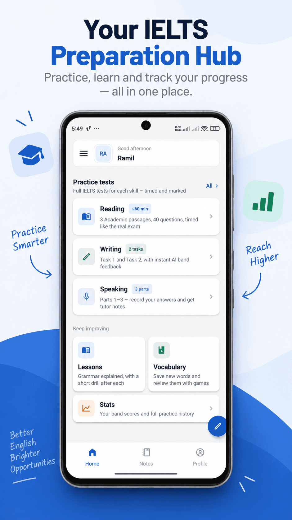 Home dashboard with practice tests and a stats shortcut for band history