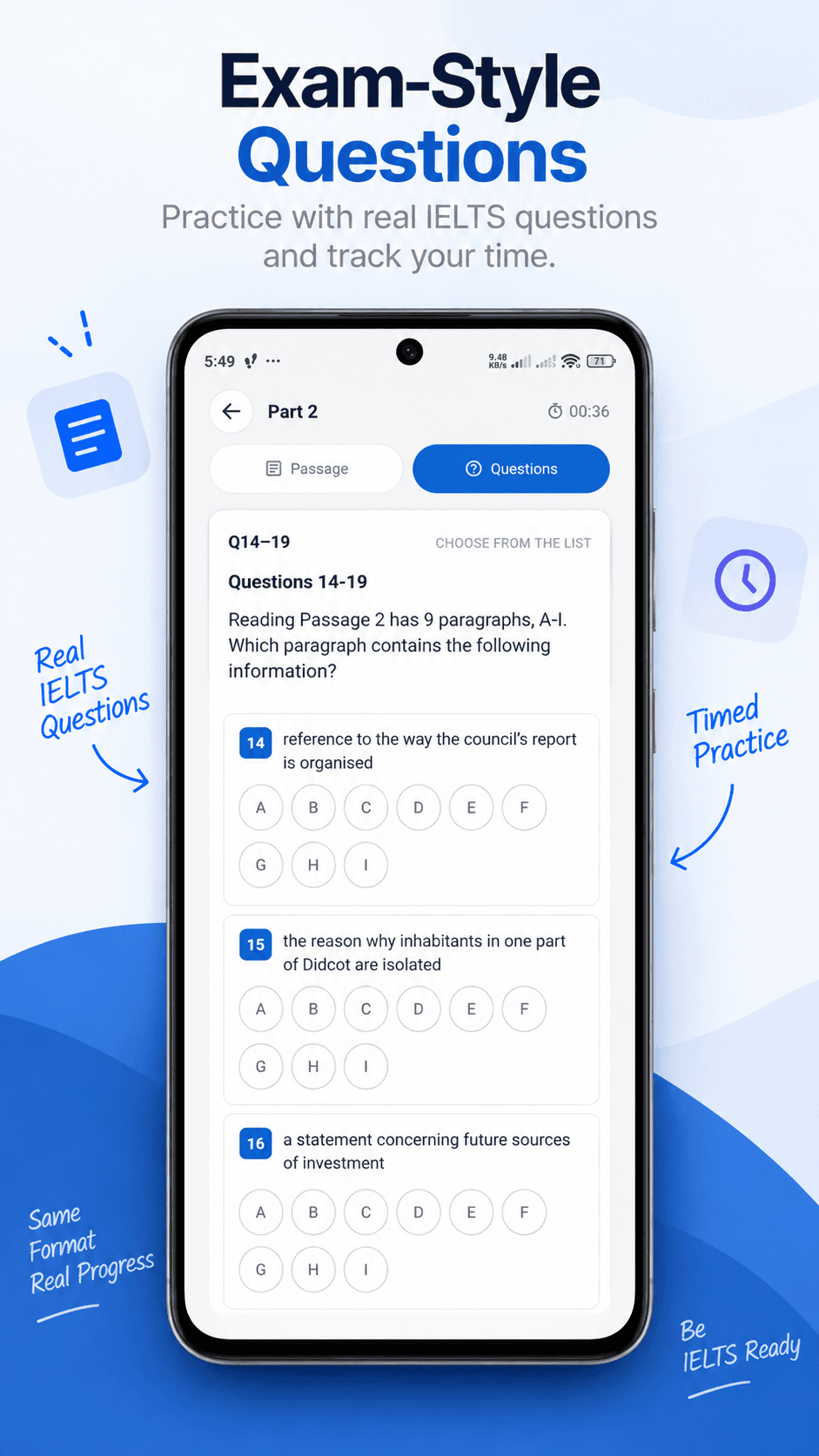 Exam-style IELTS reading questions with a timer and answer options