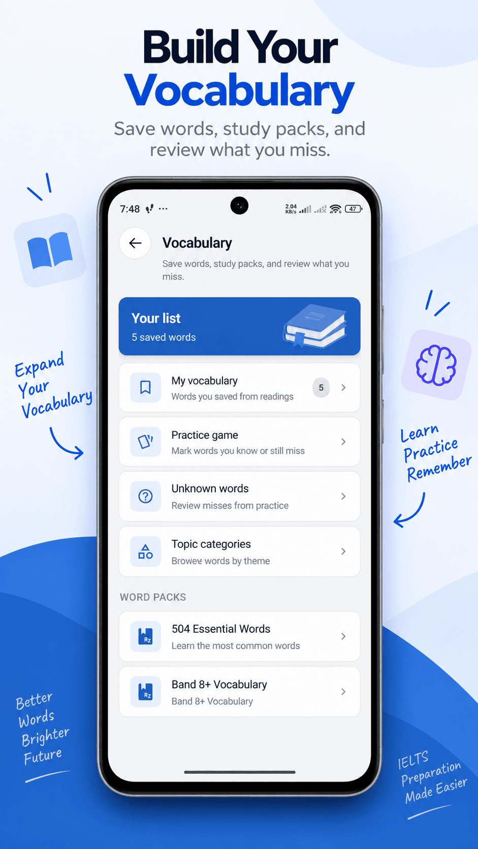 Vocabulary section with saved words, a practice game and word packs