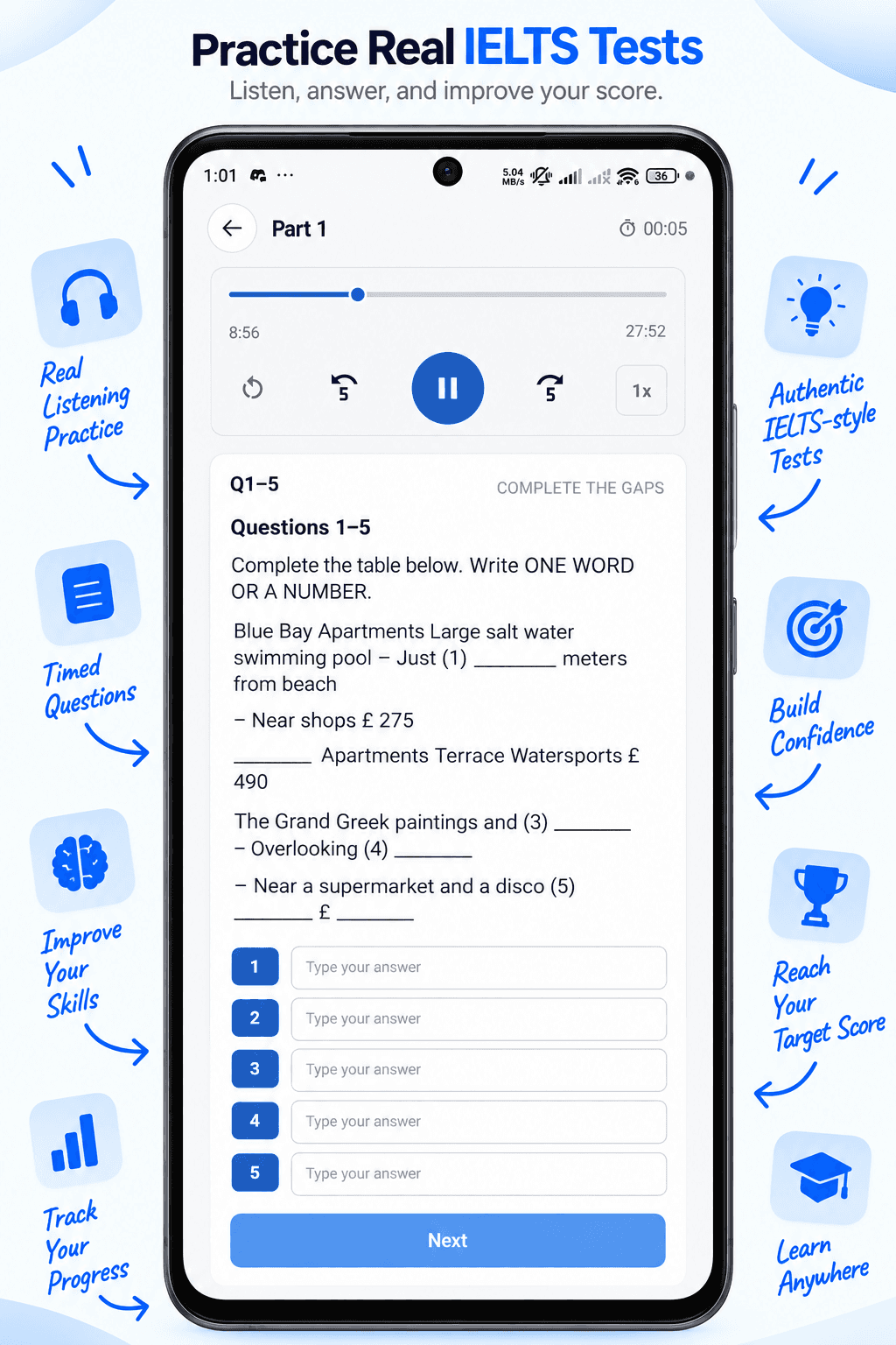 IELTS Listening Part 1 with an audio player, gap-fill questions and answer inputs